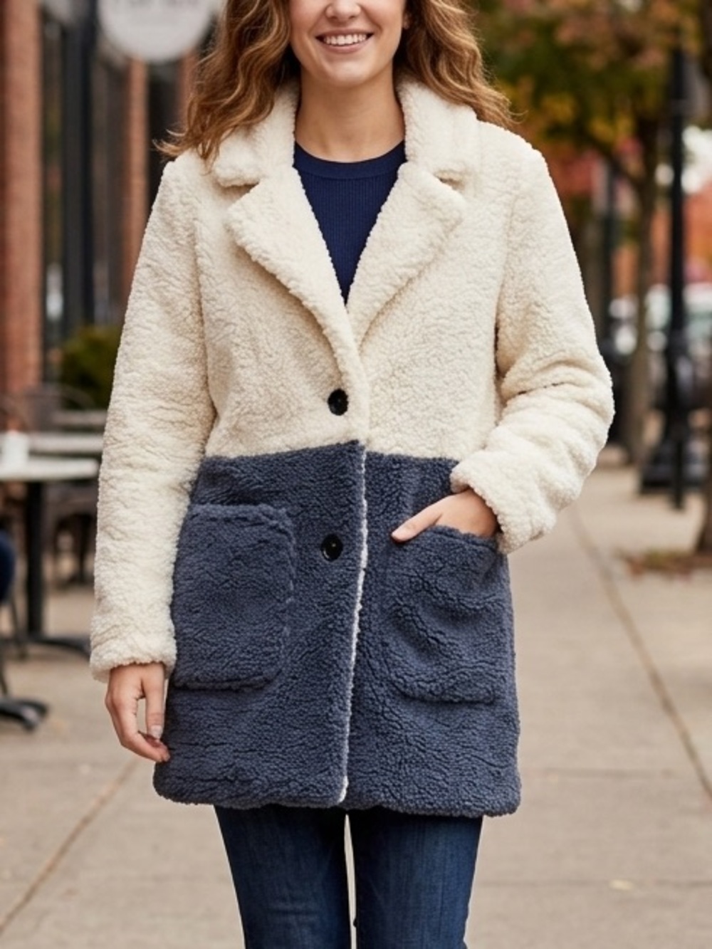 French Connection Two-Tone Teddy Coat in Cream and Navy
